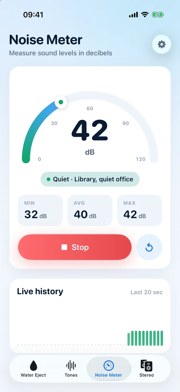 Wavex noise meter showing 42 dB, Quiet, Library or quiet office, with minimum 32, average 40 and maximum 42 dB