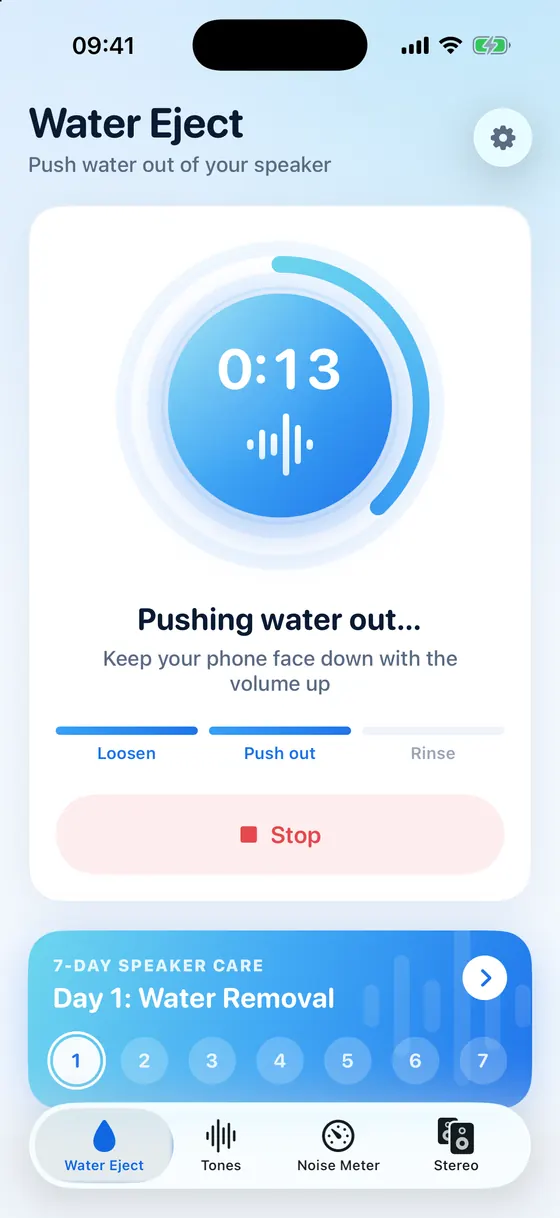 Wavex water eject session in progress with a countdown and three steps: loosen, push out, rinse