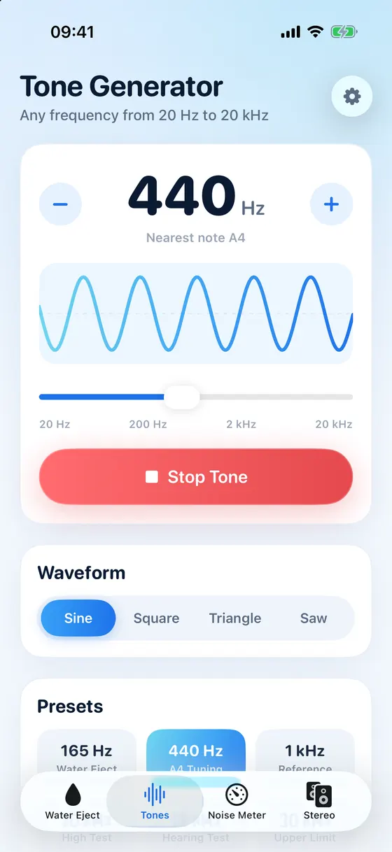 Wavex tone generator playing 440 Hz with sine, square, triangle and saw waveforms